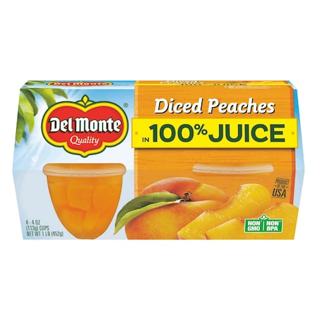 Del Monte Del Monte In 100% Juice Diced Peach 4 oz. Plastic Bowl, PK24 2000165